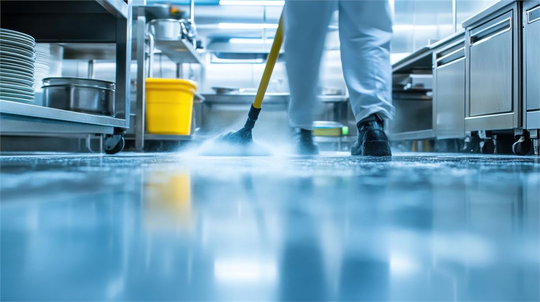Steam-cleaning a commercial kitchen floor